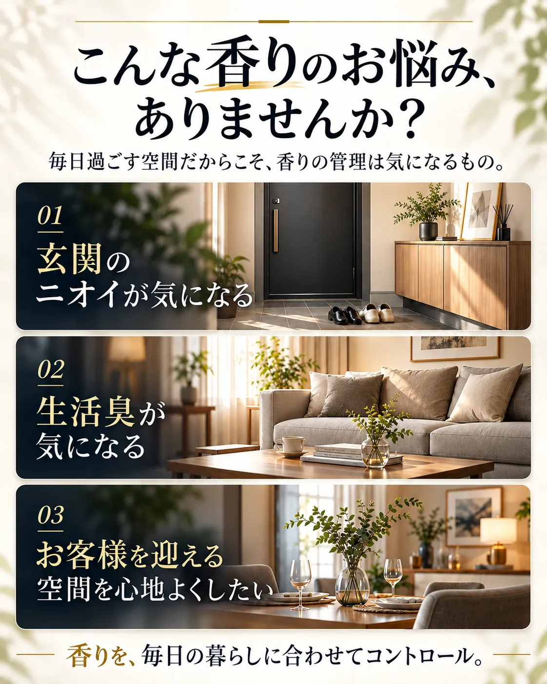 玄関やリビングなどの香りに関するお悩みと、香りを管理する使い方の提案