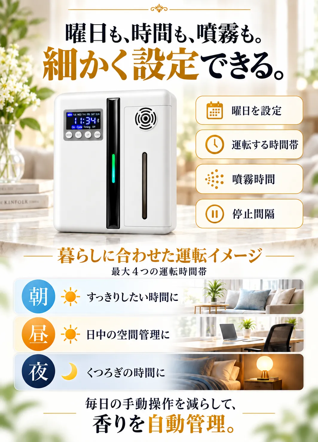 運転時間帯、噴霧時間、停止間隔を調整できるAutoDiffuser Proの設定例